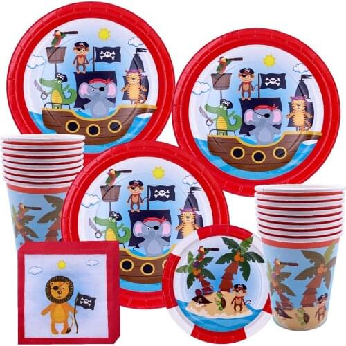 Safari Zoo Pirate Theme Party Decoration Disposable Tableware Paper Cups Plates Napkins Baby Shower Kids Birthday Party Supplies