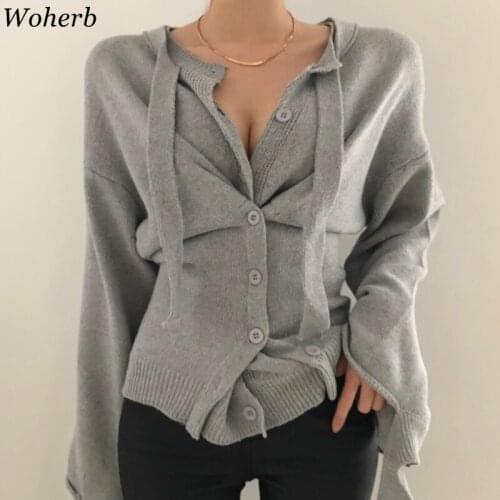 Woherb Asymmetrical Bandage Cardigan Women 2021 Korean Style All-match Design Slim Sweater Spring Autumn Casual Trendy Simple