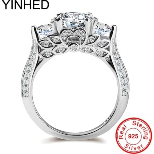 YINHED 2017 New Wedding Band Ring Stamp S925 Retro Flower Ring Jewelry 925 Sterling Silver CZ Engagement Rings for Women ZR369