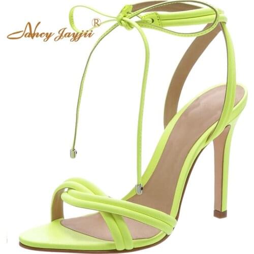 Neon Green&Lime Pink Stilettos Ankle Strap Sandals Woman Lace Up Thin Heels Large Size 11 14 Ladies Dress Party Shoes Fashion