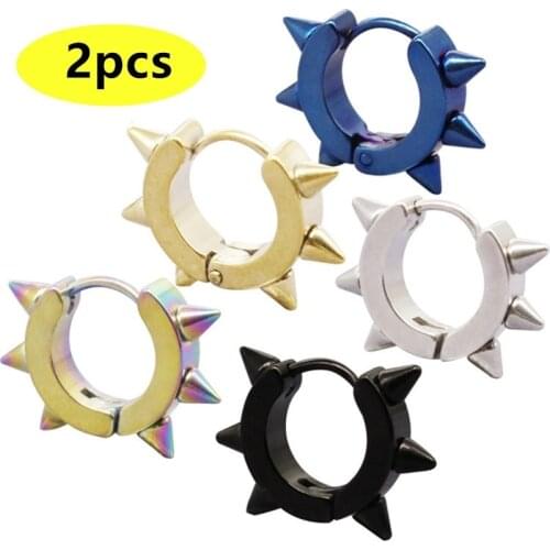 2 Pcs Punk Women Men Earrings Black Spike Rivet Stainless Steel Small Hoop Earring Jewelry Gifts Accessories