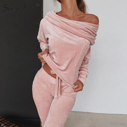 Sweatshirt Women 2 pieces Set Tracksuits Autumn Off shoulder 2020 Outfits Sets Top Long Pants Warm Velvet Lounge Suit GV961