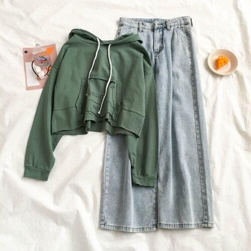 2021 Summer Fashion Korean Womens Tracksuit Girls Sweet Solid Hoodie Height With High Waist Denim Shorts 2 Piece Set Women