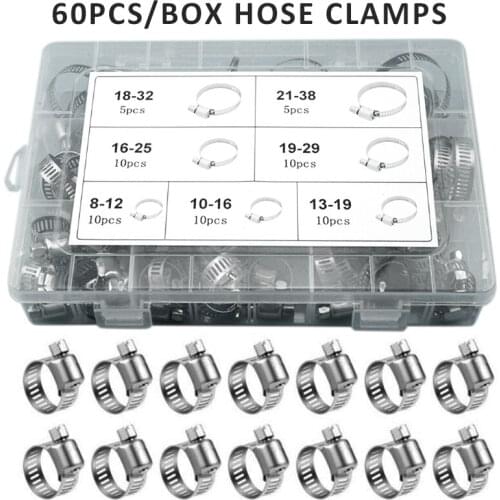 60Pcs Hose Clamp Adjustable Stainless Steel Worm Gear Hose Clamp Assortment Set Pipe Clips Water Pipe Air Tube Car Plumbing Tool