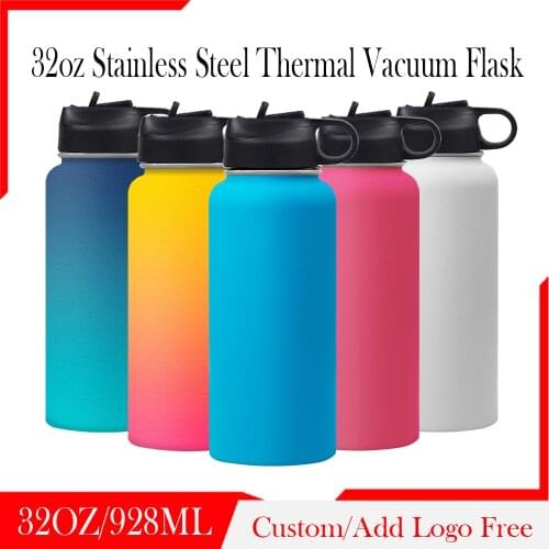 Customize Logo 32oz Stainless Steel Sport Water Bottle Portable Vacuum Flask Personalize Gift Laser Etched Tumbler