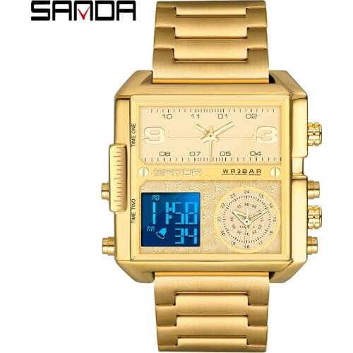 Sanda New Square Large Dial Three-display Multi-function mens Waterproof Watch Quartz Electronic Dual-movement Steel Wristwatch