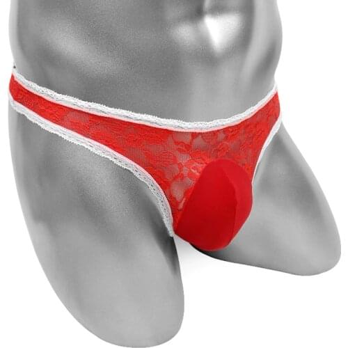 Floral Lace Mens Thong Underwear With Bugle Pouch Low Rise Sissy Panties Sexy Male Lingerie Bikini Transprent Underpants