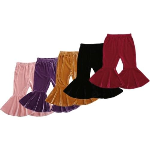 Kids Girl Flare Pants Ruffle Trousers Solid Color Velvet Keep Warm Winter Fall High Waist Clothes