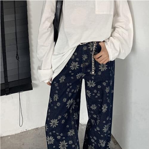 2021biggorange trendy Korean version of printed straight loose pants jeans women q autumn new wide-legged thin retro BF trousers