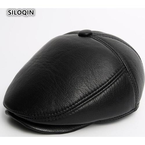 SILOQIN Quality Winter Genuine Leather Hat Men Thick Warm Berets First Layer Sheep Skin Earmuffs Middle-aged Elderly Cap Dad Hat