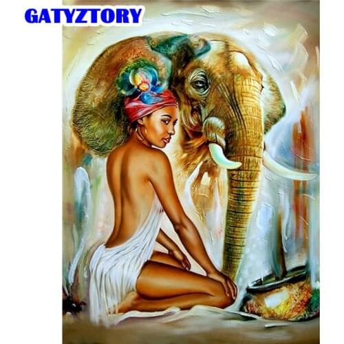 GATYZTORY 40x50cm Painting By Numbers Woman And Elephant DIY Canvas Picture Hand Painted Oil Painting Figure Home Decoration