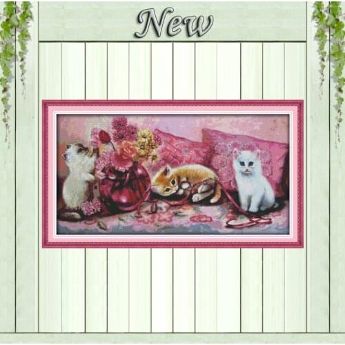 The three litten kittens cats flower painting counted print on canvas DMC 11CT 14CT kits Cross Stitch embroidery needlework Sets