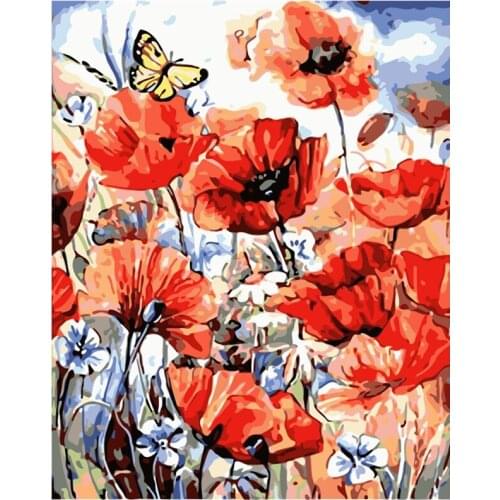 Painting By Numbers DIY Dropshipping 40x50 60x75cm Butterfly with bright poppy Flower Canvas Wedding Decoration Art picture Gift