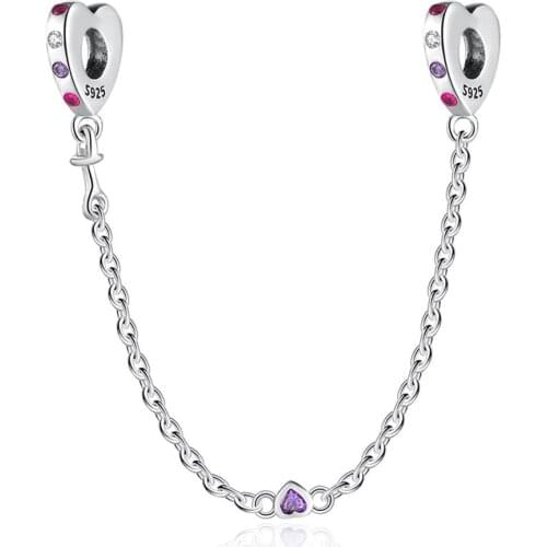 Authentic S925 Bright Hearts With Crystal Safety Chain Beads Charm Fit Lady Bracelet Bangle DIY Jewelry Making