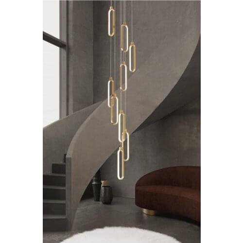 Postmodern all-copper light luxury duplex building large chandelier Nordic minimalist staircase hollow villa living room lamps