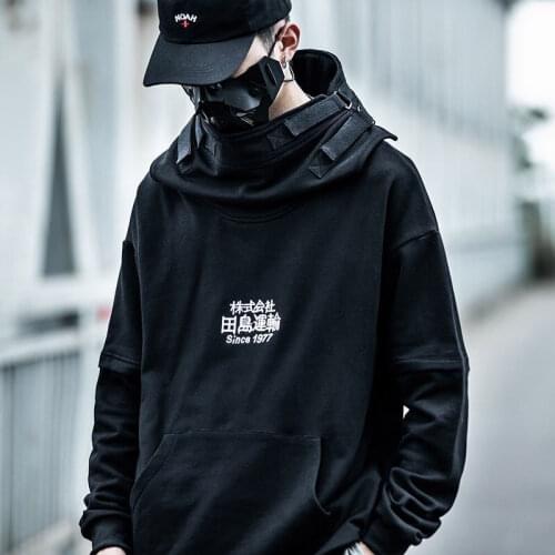 QNPQYX Fish Mouth Japanese Harajuku Embroidery Tactics Streetwear Hoodies Hip Hop Men Pullover Hoodie Casual Sweatshirts Tops