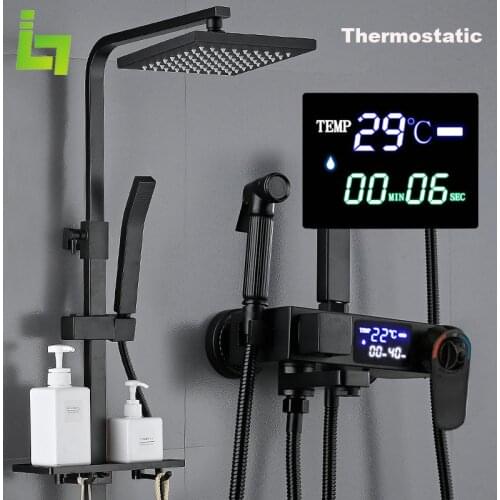 Black Display Thermostatic Shower Faucet Set Brass Multi-Function Can Extend High Quality Bathroom Bathtub Tap