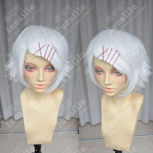 Anime Tokyo Ghoul Juzo Suzuya Juuzou Pure White Heat Resistant Cosplay Costume Wig + 5 Red Hairpins+wig cap