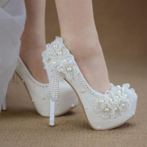 Bridesmaid shoes wedding dress lace white sweet flower tassel female womens shoes 6cm 8cm 11cm 14cm high heel Big size 43