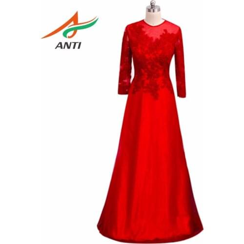 ANTI Womens Red Long Sleeves Evening Dresses 2018 Trendy Appliques A-line Evening Dresses Formal Party Gowns Pageant Dress