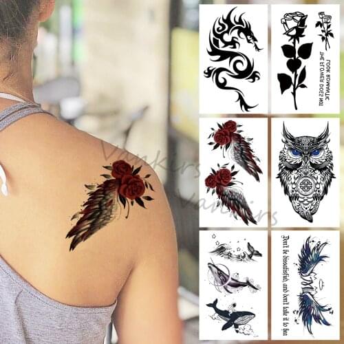 Watercolor Rose Temporary Tattoos For Women Girls Realistic Owl Whale Dragon Angel Wings Fake Tattoo Sticker Body Arm Tatoos 3D