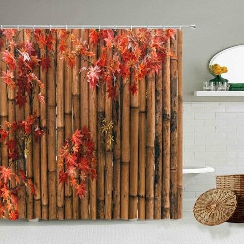 Bamboo Wood Shower Curtain Autumn Maple Leaf Pumpkin Halloween Retro Wooden Board Rural Farmhouse Barn Home Bathroom Curtains