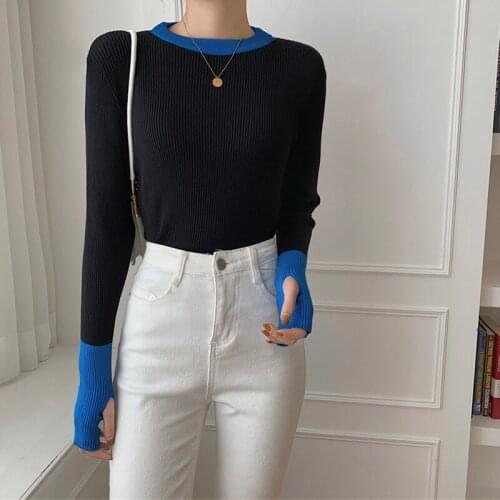 Fashion Streetwear Ladies Vintage Casual Blouse Long Sleeve Wild Basic Tops Female Color Patchwork Chic Knitted Elastic Shirt