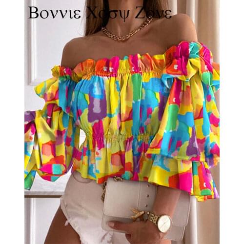 Tie Dye Off Shoulder Layered Shirred Top 2021 Elegant Femme Puff Sleeve Corset Blouse Lady Outfits y2k Tunics