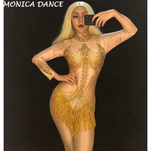 Women Sexy Stage Skin Color Bodysuit Gold Tassel Sparkling Crystals Jumpsuit Nightclub Party Stage Wear Dancer Singer Bodysuit