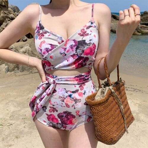 2021 Sexy Floral Suspenders Show The Back One Piece Swimsuit Push Up Swimwear Women Swimming Monokini Bodysuit Bathing Suit Swim