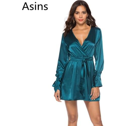 Asins dress women 2019 spring new hot casual fashion solid color deep V neck flare sleeve sashes wild satin sexy mini dress