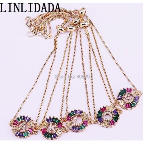 10Pcs Fashion Gold Color Charm Bracelet For Women Adjustable Micro Pave Rainbow CZ 26 Alphabet Letter Jewelry