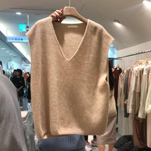 100% Pure Wool V-Neck Thick Vest Brioche Stitch Women Loose Knit Inner Cloth Female Soft Wool Waistcoat Sleeveless Sweater 2020