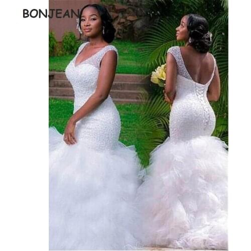 2021 Beads Wedding Dresses White Floor Length Lace Up Back South African Bridal Gowns Long Sleeves abiti da sposa