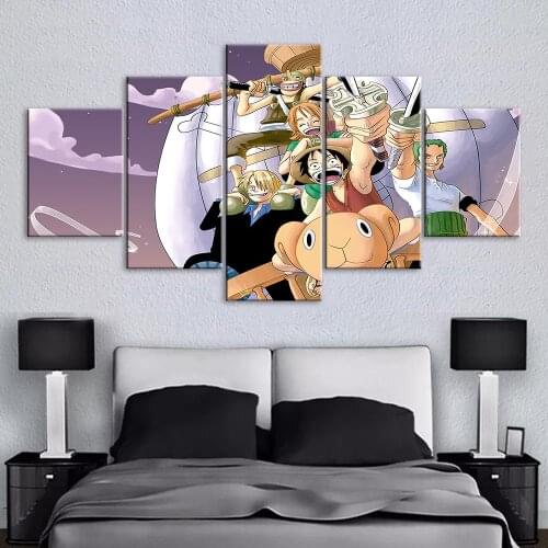 5 Pieces Wall Art HD Printed Luffy One Piece Canvas Painting Modular Scenario Pictures Home Decoration Poster Living Room Framed