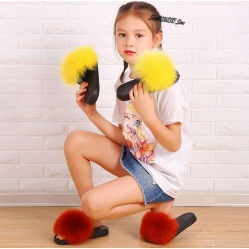Childrens Colorful Fluffy Fox Fur Slides Kids Fashion Cute Home Plush Slippers Baby Furry Sandals Summer Girls Soft Flat Shoes