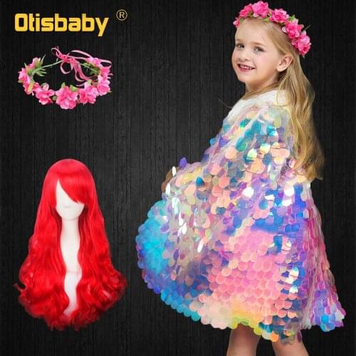 Halloween Little Mermaid Costume Child Colorful Sequined Cloak Girls Christmas Fancy Fairy Princess Cape Sequin Dress Red Wig