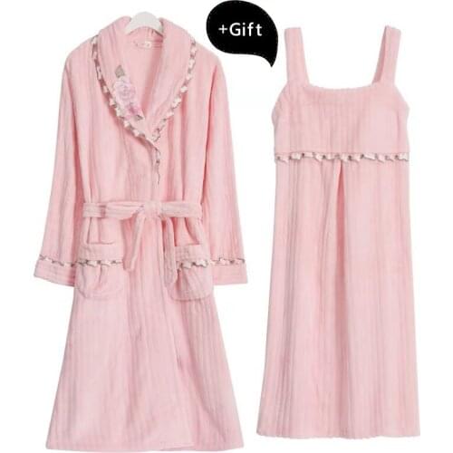 2 Sets Flannel Bath Robe Sleepwear Kimono Robe Bathrobe Women Sexy Thick Warm Female Robe Dressing Gowns Nightgown Pajamas