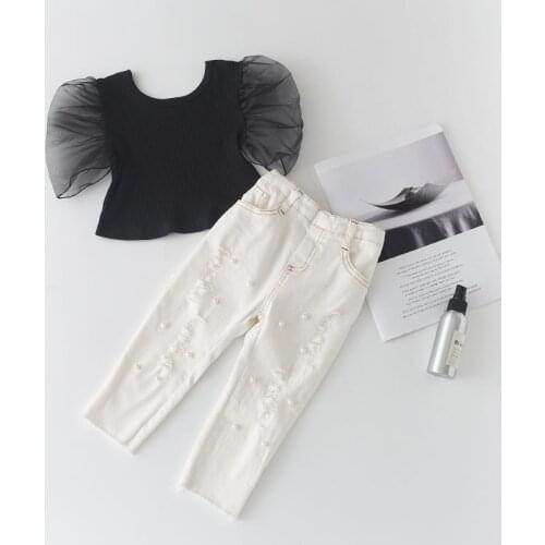 Baby Girl Clothing Set 2021Girl Kids Puff Sleeve Solid Color Mesh Tops And Ripped Jeans Summer Outfits Children Suits