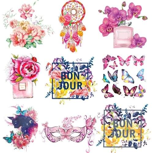 Beautiful Flower Heat Transfer For Clothing Iron On Butterfly Transfers For Clothes Appliques Thermo Stickers For Diy T-shirt