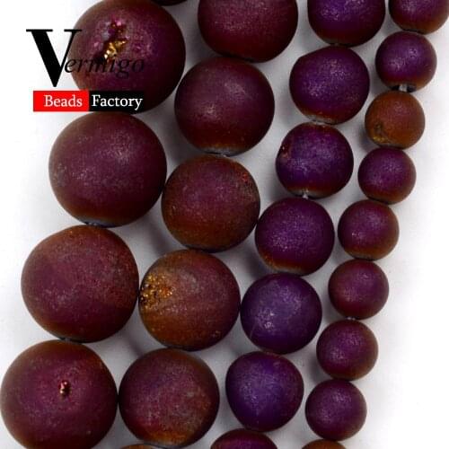 Natural Purple Drusy Agates Stone Loose Round Beads for Jewelry Making 6mm-12mm Spacer Beads Diy Bracelet Necklace Accessories