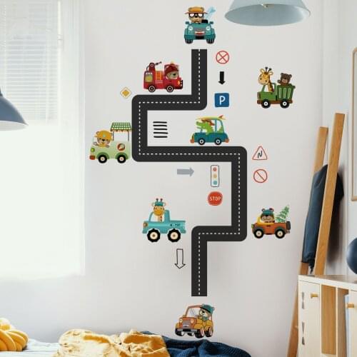 Car Runway Animals Cartoon Wall Stickers Kids Bedroom Decor Children Room DIY Mural Kindergarten Backdrop Wall Decals
