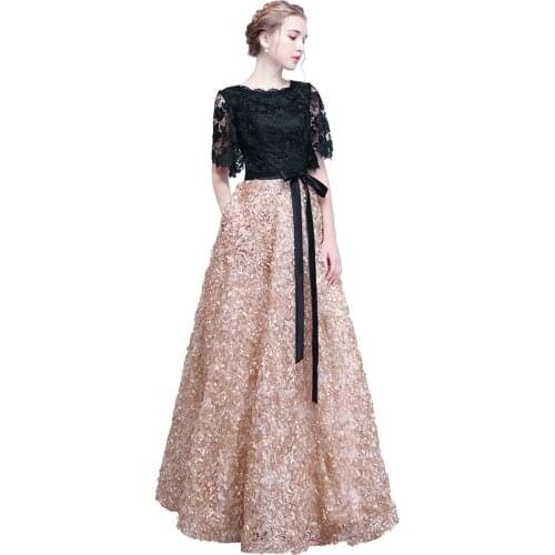 Beauty Emily Luxury Lace Black Evening Dresses 2020 O neck Long Party Prom Dresses Plus Size Party Gowns