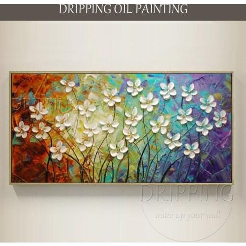 Hand-painted Wall Decor Flower Pictures Colorful Palette Knife Flower Oil Painting on Canvas Textured Knife Flower Oil Painting