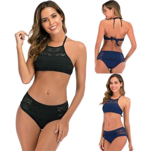 High Waist Bikini Sexy Hollow Swimwear Women Monokini Swimsuit Female Halter Bathing Suit Pad Swimming Suit Solid Beachwear Swim