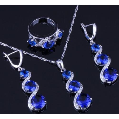 Sweet Round Blue Cubic Zirconia White CZ Silver Plated Jewelry Sets Earrings Pendant Chain Ring V0030