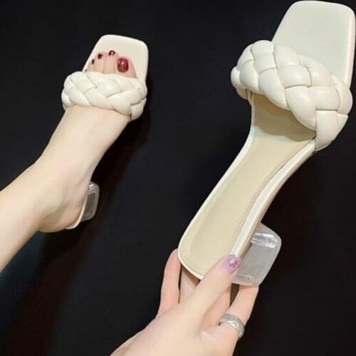 Womens Shoes Square Heels Transparent Woman Slides 2021 Summer New Style Elegant Blue Footwear Woven Outside Female Slippers