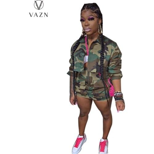 VAZN 2021 INS Autumn Style Upsurge Camouflage Sexy Overalls Sexy Full Sleeve High Waist Mini Skirts Skinny Women 2 Piece Set