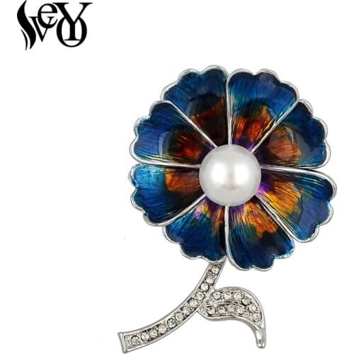 VEYO Vintage Blue Imitation Pearl Flower Brooch Pins for Women Rhinestone Brooches Fashion Jewelry Wholesale