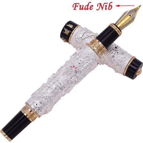 Jinhao Vintage Silver Fountain Pen Double Dragon Calligraphy Fude Nib Full Metal Carving Embossing Heavy Gift Pen Collection